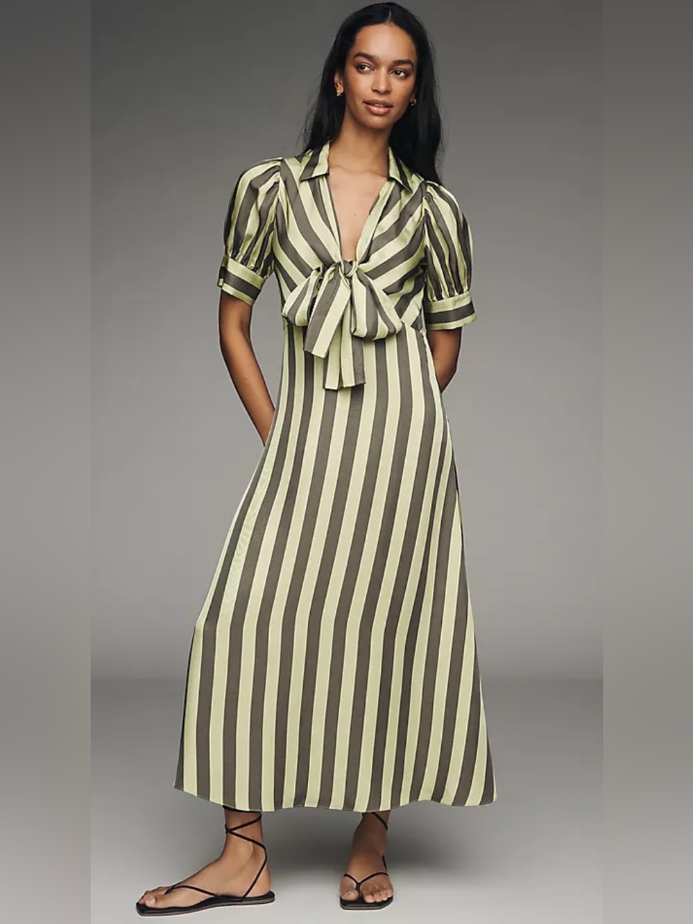 HUNTER BELL Iris Short Sleeve Tie Front Midi Dress Greens NWT Anthropologie